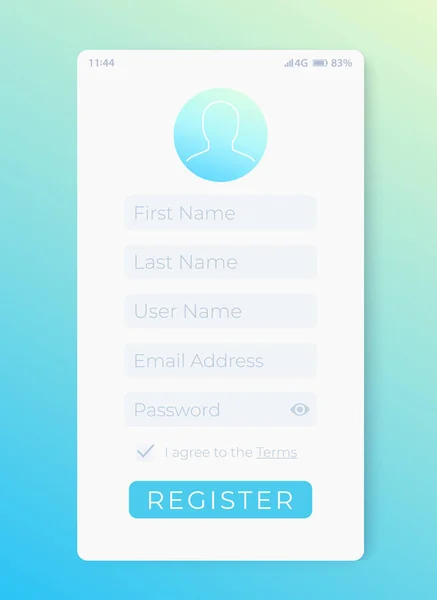 Formulário de registro, design de vetor de interface móvel — Vetor de Stock