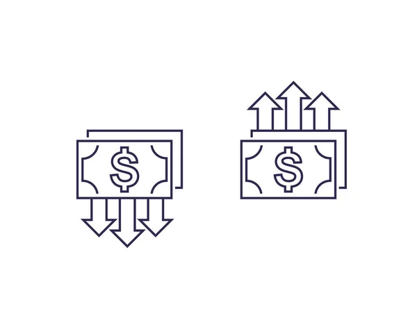 Reducción de costos y crecimiento, iconos de línea de dinero — Archivo Imágenes Vectoriales