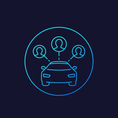 carshare simgesi, araba ve yolcular, doğrusal