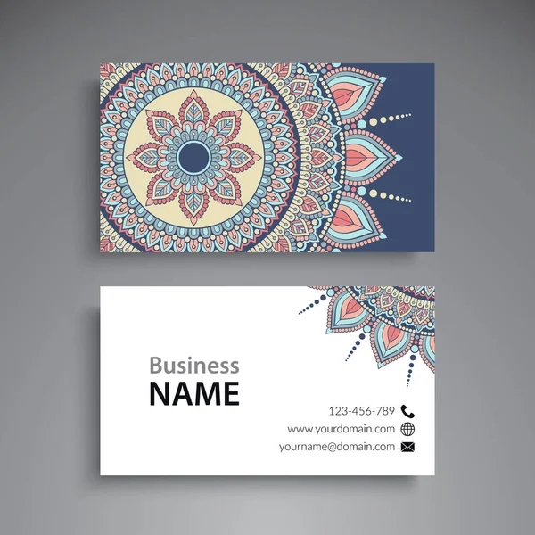Business Card. Vintage decorative elements. Ornamental floral business cards or invitation with mandala — Stock Vector
