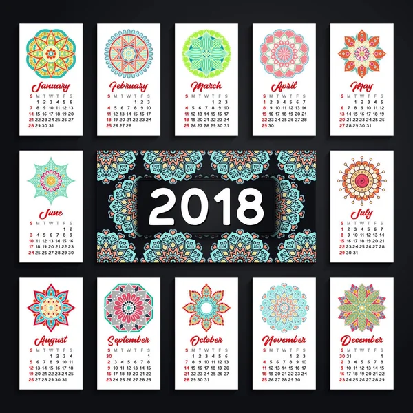 Kalender 2018. vintage dekorative Elemente. orientalisches Muster, Vektorillustration. — Stockvektor