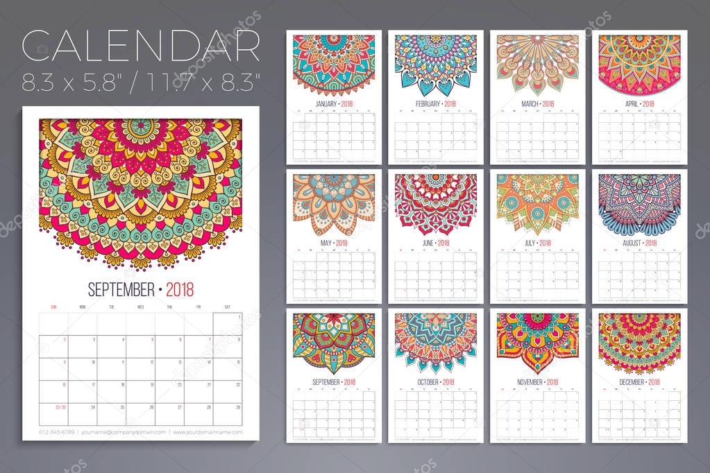 Calendar 2018. Vintage decorative elements. Oriental pattern, vector illustration.