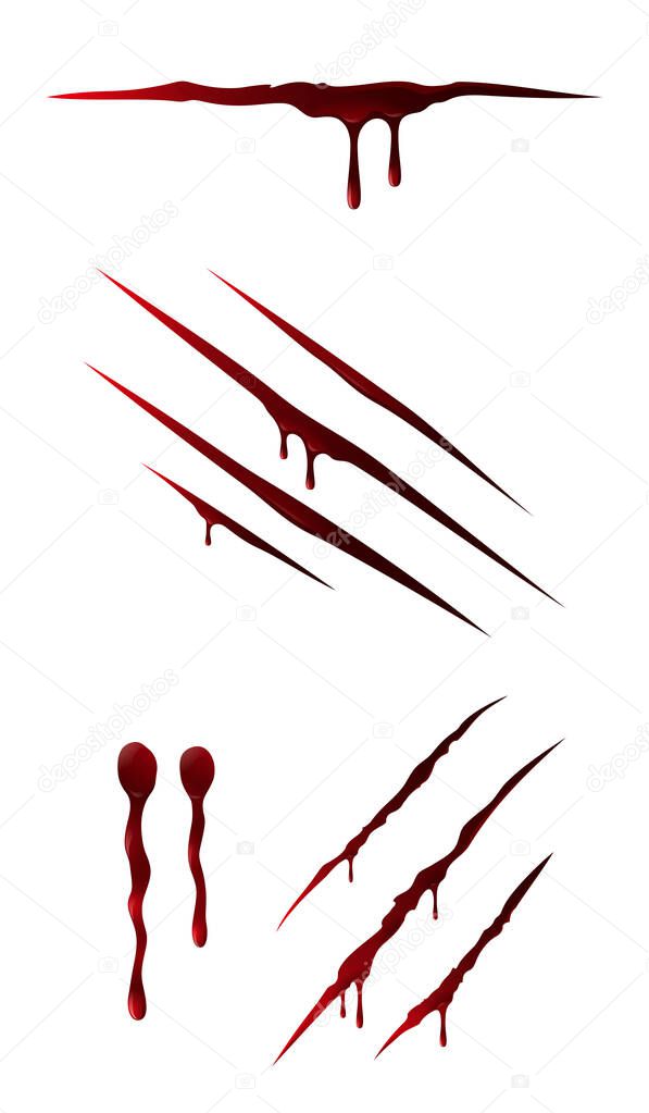 Set of several red blood stains - claw marks, cuts and drops stains, on white background. 