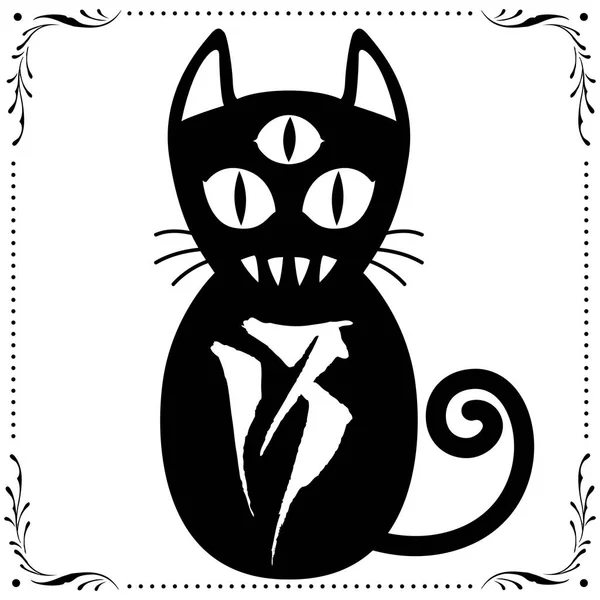 3 Eyed Black Cat N0.13 com ornamento quadro floral — Vetor de Stock