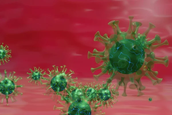 3D illustration of corona virus new Asian deadly strain of infectious pathogen. Virus floating in fluid microscopic view, pandemic or virus infection concept.