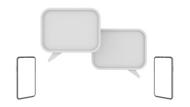 Birbirlerine bakan akıllı telefon beyaz ekranı ve yukarıda yazılı mesajlar ve sohbet etmek ve metin eklemek için beyaz alan var. Beyaz arkaplanda izole edilmiş, illüstrasyon, 3D görüntüleme.