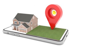 Yeri belirlemek için kırmızı lokasyon sembolü olan ev çimenlikteki evin yan tarafına beyaz arka planda beyaz ekran akıllı telefona yerleştirilmiş.