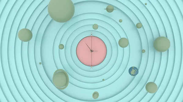 Simulation view of the universe and space And there are various stars, including prominent earth stars The center is a pink circle. Isolated on pastel blue backgrounds, illustration,3D rendering.