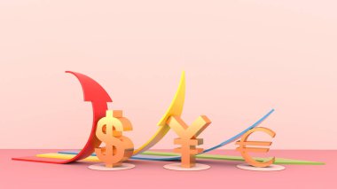 Dolar, avro, yen gibi para birimi sembolleri ok sembolünün arkasını güneşli bir odada yukarı doğru itiyor. Güneş ışığı ve gölge. Pembe arka planda izole edilmiş. İllüstrasyon, 3B canlandırma.