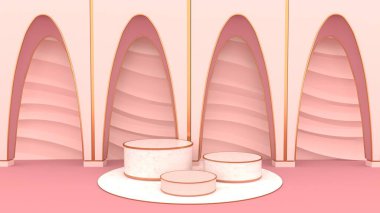Yuvarlak mermer kaide, altın kenar ve pembe zemin ve dairesel kemerli pembe duvarlar. Altın çerçeve pembe arka plan, illüstrasyon, 3D görüntüleme üzerine izole edilmiş ticari reklamlar için kullanılabilir..