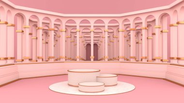 Yuvarlak mermer podyum, altın kenar ve pembe zemin ve dairesel kemerli pembe duvarlar. Altın çerçeve pembe arka plan, illüstrasyon, 3D görüntüleme üzerine izole edilmiş ticari reklamlar için kullanılabilir..