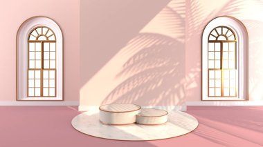 Round marble Podium, golden border, The sunlight shines And the pink wall with arched windows with shadow of leaf. Podium Can be used for commercial advertising, Isolated on pink floor, 3D rendering. clipart
