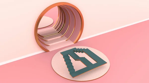 Geometry on Podium, golden border and pink floor, and pink wall with circular arches The golden frame. And has a mirror can be used for commercial advertising Isolated on pink background,3D rendering.