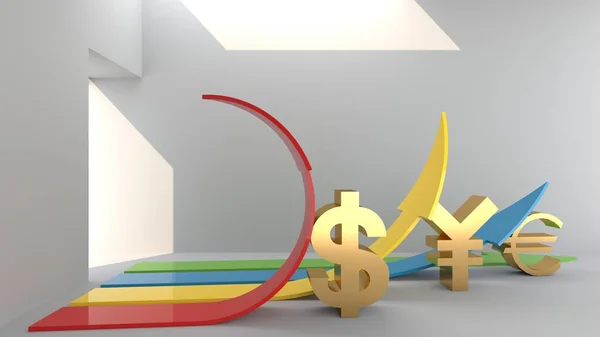 Currency symbols, including dollars, euros, yen push the back of the arrow symbol to upwards in a sunny room. Sunlight and shadow. Isolated on a white background. illustration, 3D rendering.