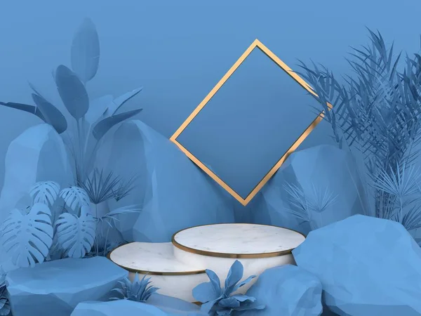 Round marble pedestal, golden border, Surrounded by tree, golden picture frames and Background is blue stone. Pedestal Can be used for commercial advertising Isolated on blue background, 3D rendering.