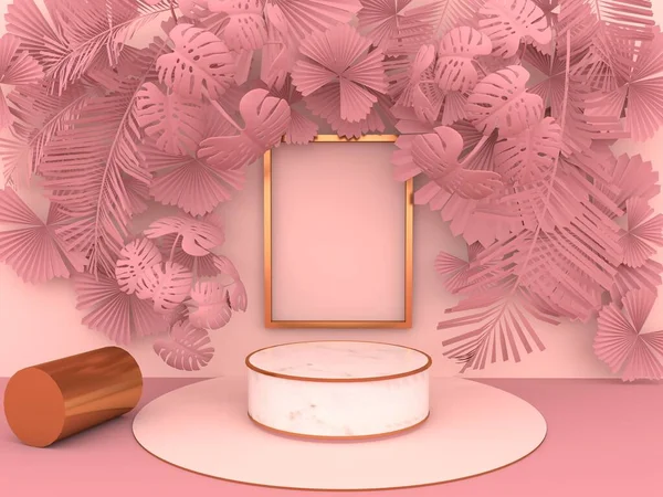 Round marble pedestal, golden border and leaves and pink palm overlap to form art dimensions.The golden picture frame can be used for commercial advertising Isolated on pink background, 3D rendering.
