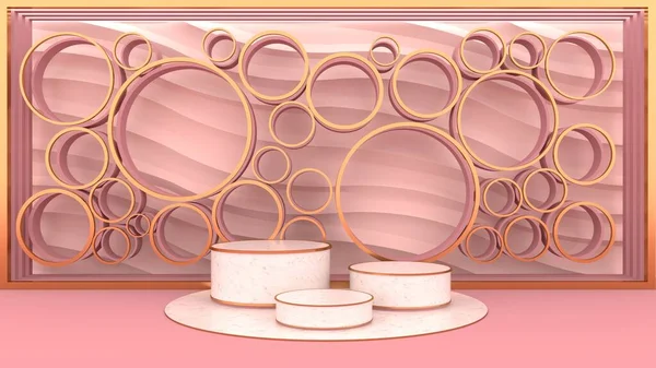 Round marble pedestal, golden border and pink floor, and pink walls with circular arches.The golden frame can be used for commercial advertising Isolated on pink background, illustration,3D rendering.