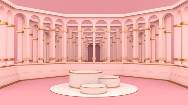 Round marble podium, golden border and pink floor, and pink walls with circular arches.The golden frame can be used for commercial advertising Isolated on pink background, illustration,3D rendering.