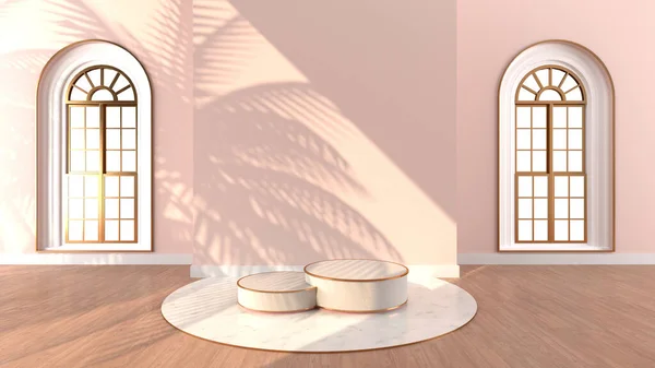 Round marble Podium, golden border, The sunlight shines And the pink wall with arched windows with shadow of leaf. Podium Can be used for commercial advertising, Isolated on wooden floor, 3D rendering