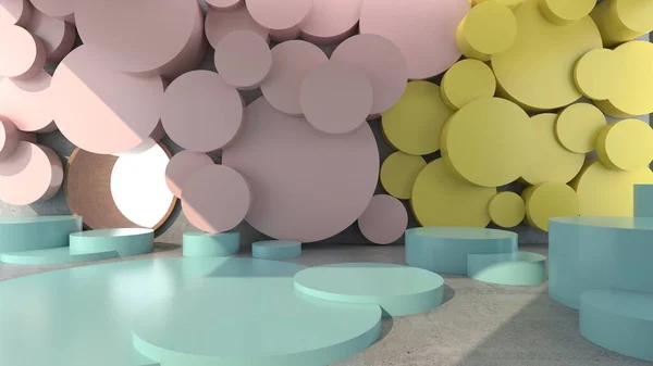 圆形混凝土块的图案和节奏呈粉红色 空旷的空间混凝土房间 有缝隙和闪耀的光芒 面糊背景 糊状质感 3D渲染 — 图库照片