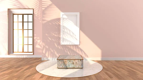 Square marble Podium, golden border, The sunlight shines And the pink wall with Square windows with shadow of leaf. and white picture frame are hung on the wall, Isolated on wooden floor, 3D rendering