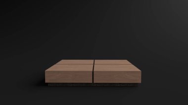 Kare ahşap kaldırım, Siyah Zemin 'de ürün sergilenmesi için podyum. Pedestal ticari reklamlar için kullanılabilir, siyah arka planda izole edilmiş, Minimalist Siyah, illüstrasyon, 3D görüntüleme.
