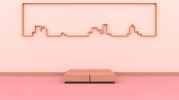 Square Wooden Podium Bending Golden Frame City Form Art Dimensions — Stock Photo, Image