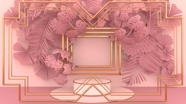 Round marble Podium, golden border and leaves and pink palm overlap to form art dimensions.Gold frame with many layers can be used for commercial advertising Isolated on pink background, 3D rendering.
