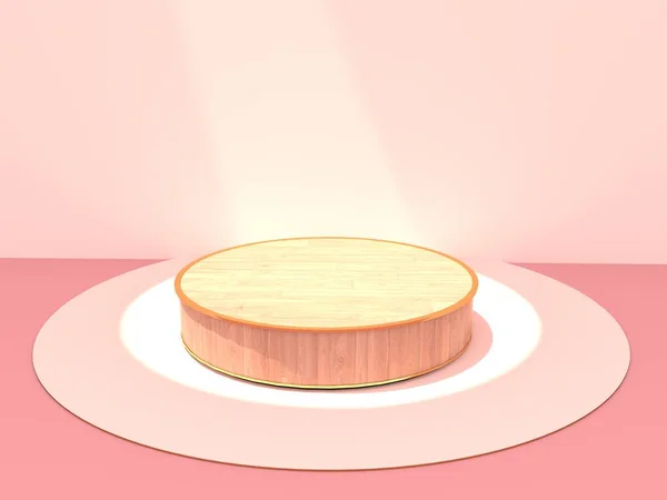 Round wooden Pedestal, Podium for display on the floor and pastel pink wall with the gap and glowing light. Pedestal can be used for commercial advertising, Isolated on pink background, 3D rendering.