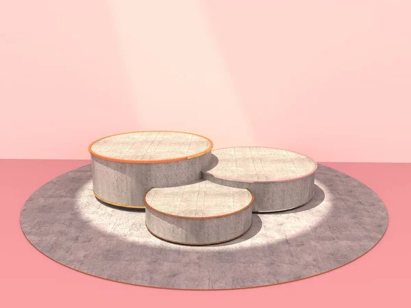 Round concrete Podium, Pedestal for display on the floor and pastel pink wall with the gap and glowing light. Podium can be used for commercial advertising, Isolated on pink background, 3D rendering.