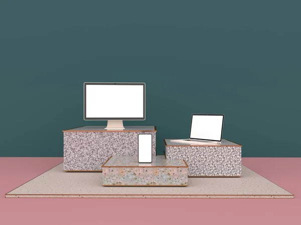 The view is a simulation of laptops, computers and Smartphone white screen resting On a Square marble Pedestal Isolated on Green background, Podium can be used for commercial advertising, 3D rendering