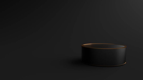 Black round pedestal, Podium for display product on the Black floor. Pedestal can be used for commercial advertising, Isolated on black background, Minimalist Black, illustration, 3D rendering.