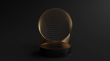 Siyah yuvarlak yayalar. Ve altın dairesel bir çerçeveyi podyumda üst üste bindirip siyah arka planda izole edilmiş, Minimalist Siyah, 3D görüntüleme için kullanılabilir..