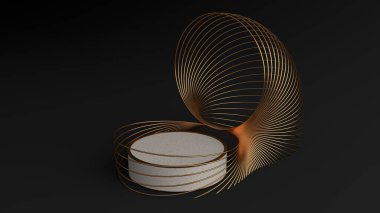 Beyaz yuvarlak yayalar. Ve altın dairesel bir çerçeveyi podyumda üst üste bindirip siyah arka planda izole edilmiş, Minimalist Siyah, 3D görüntüleme için kullanılabilir..