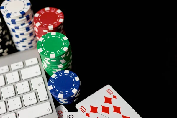 Poker White Green Red Blue Chips Cards Surrounding Computer Key — стоковое фото