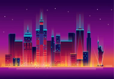 Gece New York şehri, özgürlük heykeli neon ışıklı, vektör illüstrasyonlu. Eps 10