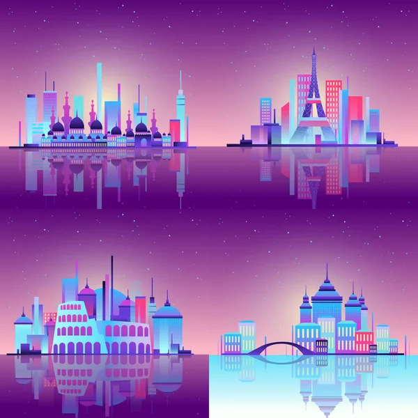 Business center, night city, towers and skyscrapers, white lines of the urban scene, vector art made in neon, neon background created in a set of cities. EPS 10 — 스톡 벡터