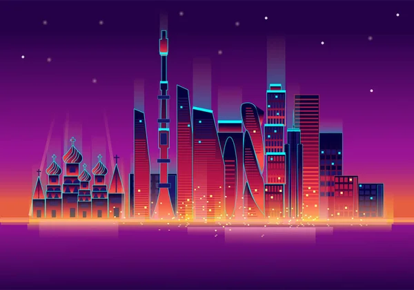 Vector illustration of glowing Moscow city neon skyline reflecting in the river at night. — 스톡 벡터