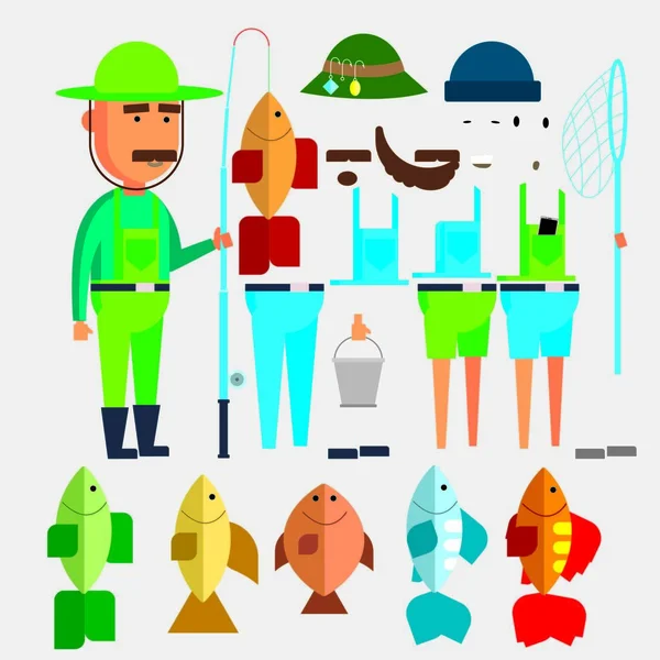 釣りベクトル フラット スタイルの設計図。フィッシャー ベストと帽子、釣り竿、浮き、魚と餌のワーム。服や web バナー、ギア構成を釣りの漁師などのウェブサイトのページ. — ストックベクタ