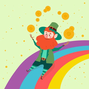 Aziz Patricks Günü hipster cücesi pipo, sakal, şapka ve yonca ile. İrlanda modern yeşil cüce yüzü. Mesaj at. Vektör illüstrasyonu