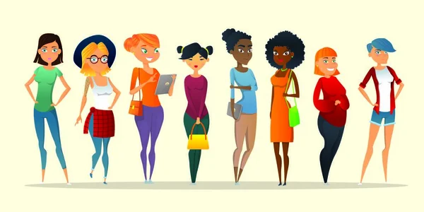 Groupe multi-ethnique de six belles femmes visages avec différentes coiffures de cheveux longs — Image vectorielle