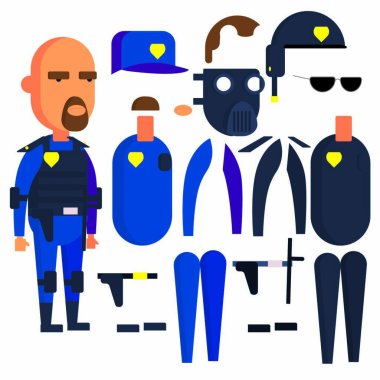 Erkek polis organları, saç şekilleri, üniformalar, kıyafetler ve aksesuarlar beyaz bir arka planda izole edilmiş. Vektör illüstrasyonu. Eps 10.