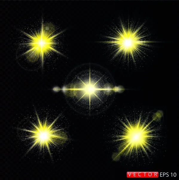 一组现实的闪闪发光的金星在透明的背景上燃烧和闪烁，一个矢量图解. — 图库矢量图片