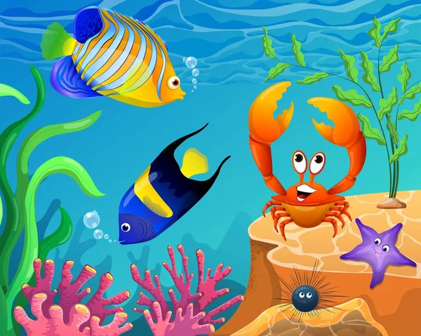 Paisaje de la vida marina - el océano y el mundo submarino con diferentes habitantes. Vector. EPS 10 — Archivo Imágenes Vectoriales