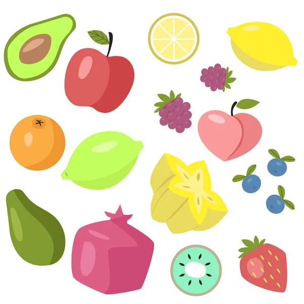 Conjunto de frutas em um fundo branco, diferentes frutas tropicais e bagas. Vector. EPS 10 . —  Vetores de Stock