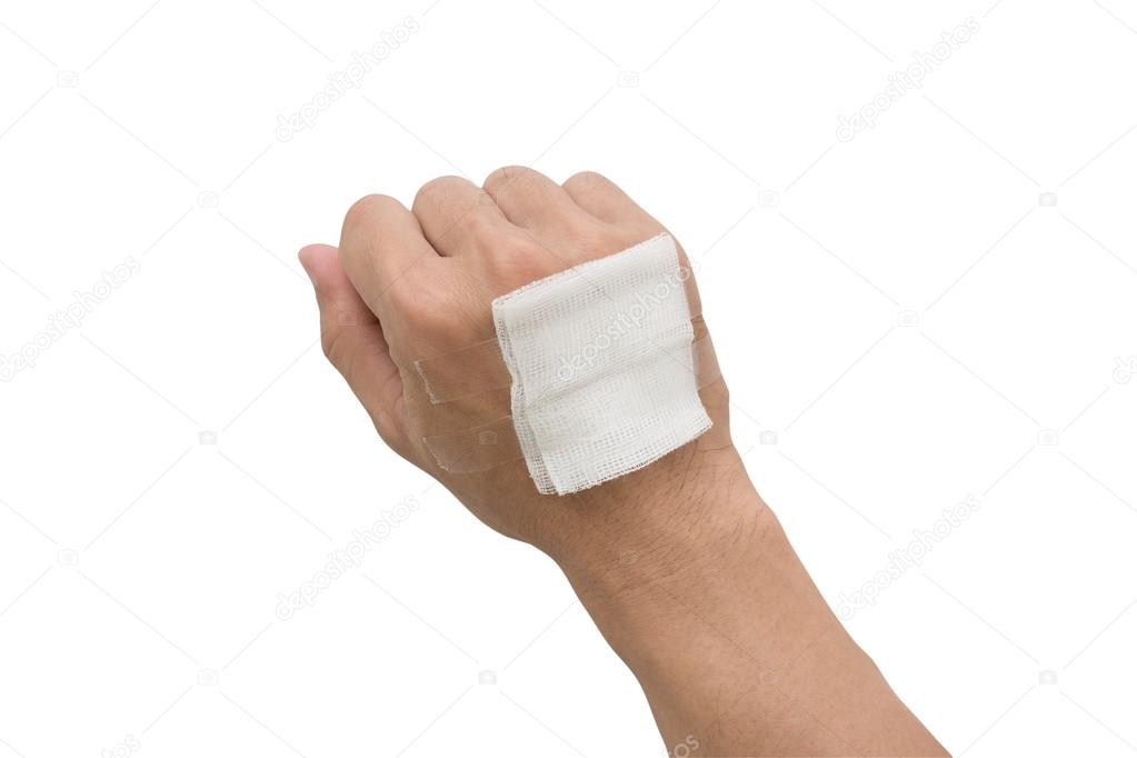 gauze bandage cover Injured hand on white background