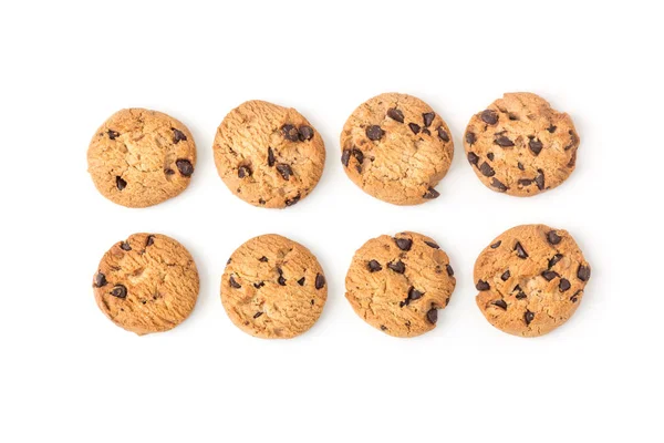 Homemade chocolate chips cookies on white in top view — Stock Photo, Image