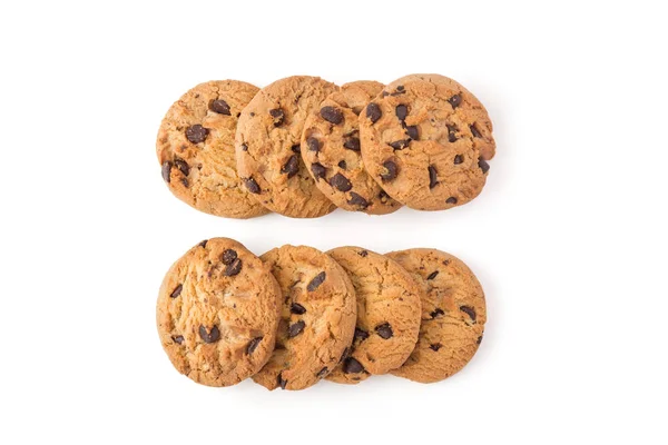 Homemade chocolate chips cookies on white in top view — Stock Photo, Image