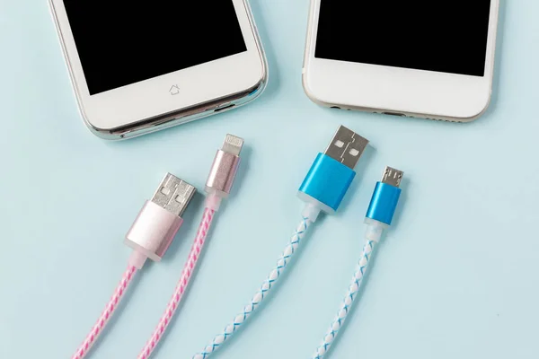 USB charging cables for smartphone and tablet in top view