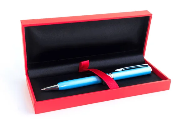 Blauer Stift Rotem Kasten Auf Weißem — Stockfoto